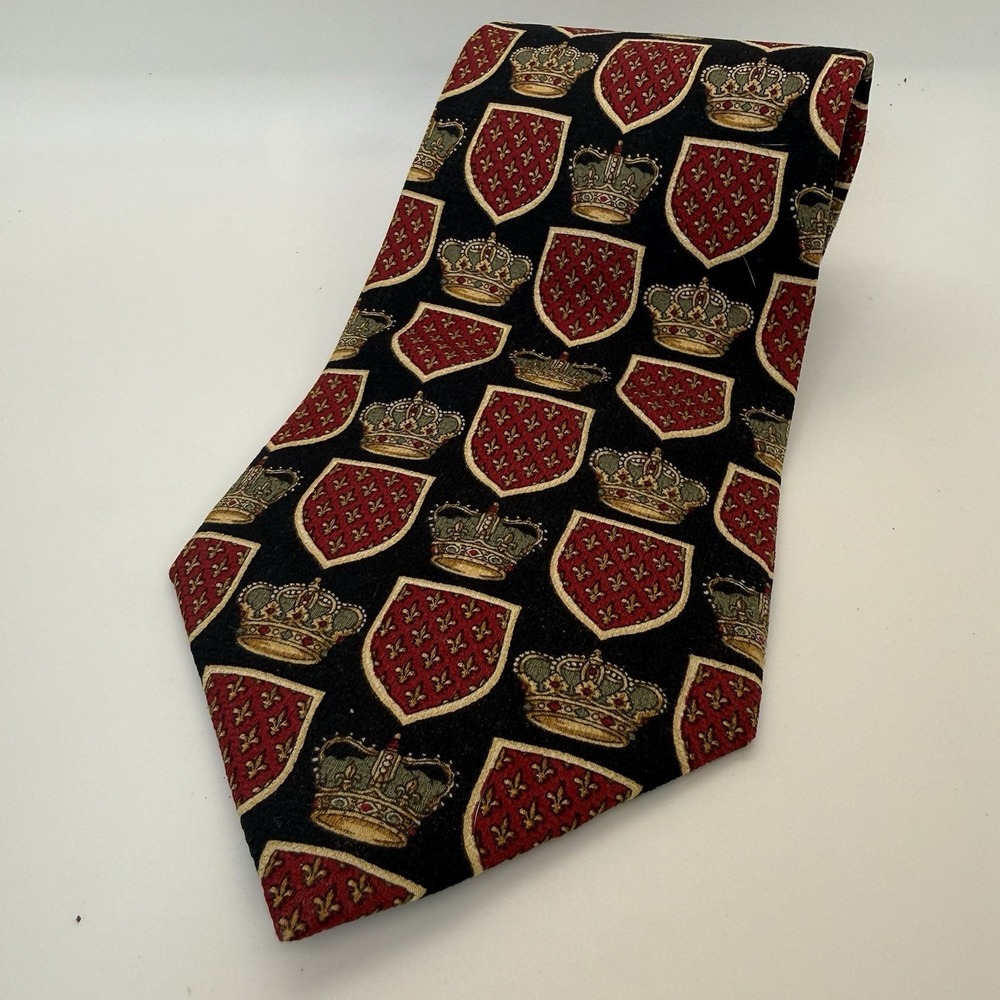Evan Picone Neck Tie Navy Blue Red Gold Club 57"x 4" Crest Heraldic King Crown